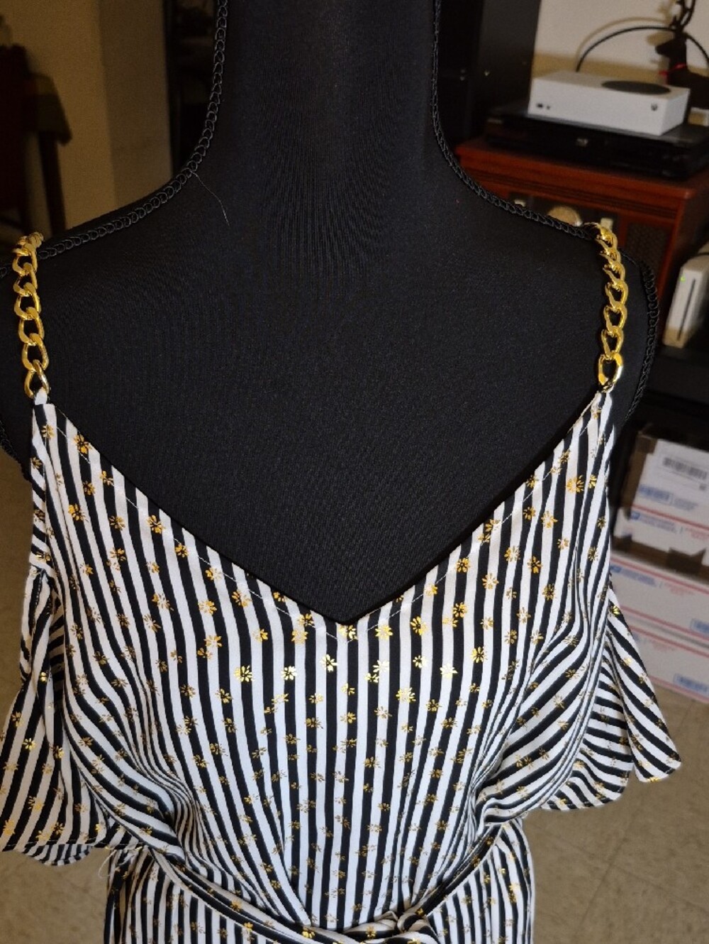 MICHAEL Michael Kors Black, White & Gold One-Shoulder Striped Dress - Picture 2 of 4